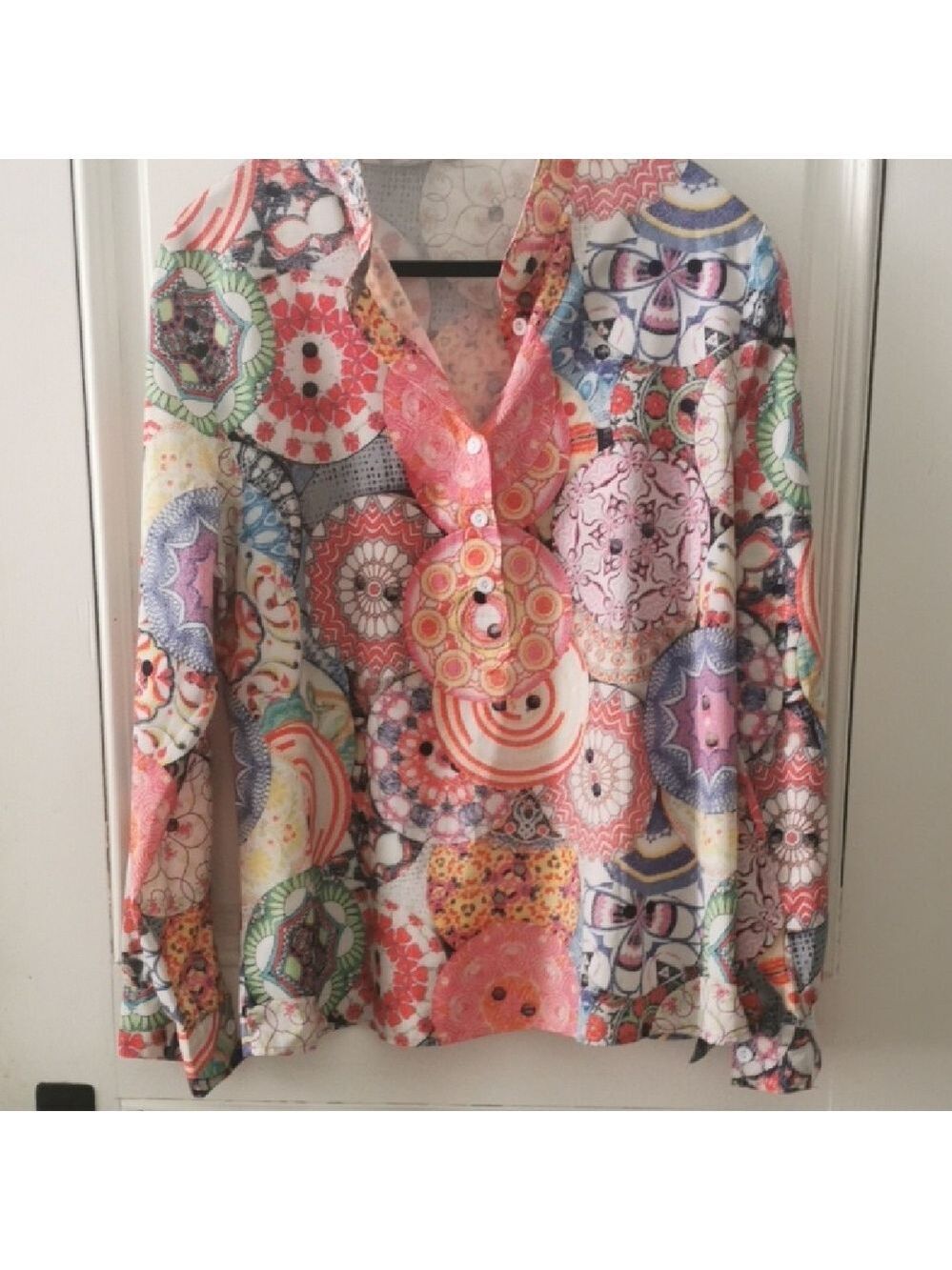 Womens Colorful Boho Spring Abstract Popover Blouse. Size XL